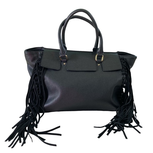 Moda Luxe Fringed Black Satchel Handbag with Gold Hardware - Picture 1 of 14